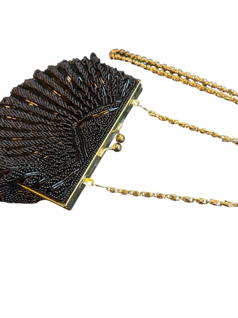 La Regale LTD Vintage Black Beaded Evening Bag Clutch Gold Chain Art Deco - Picture 4 of 11